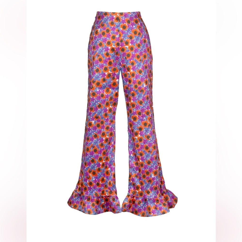 NWOT CeliaB Trilha Floral Purple Orange Flare Pants with Ruffle Hem Size XS - Picture 6 of 12